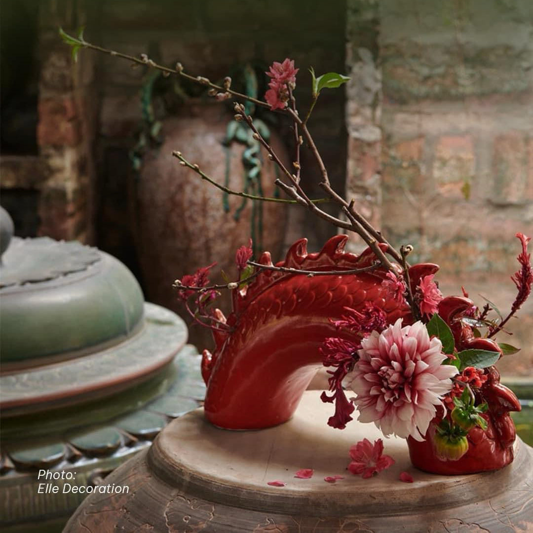 "Red Dragon Vase - Bat Trang Ceramics, modern red design, Vietnamese cultural heritage"