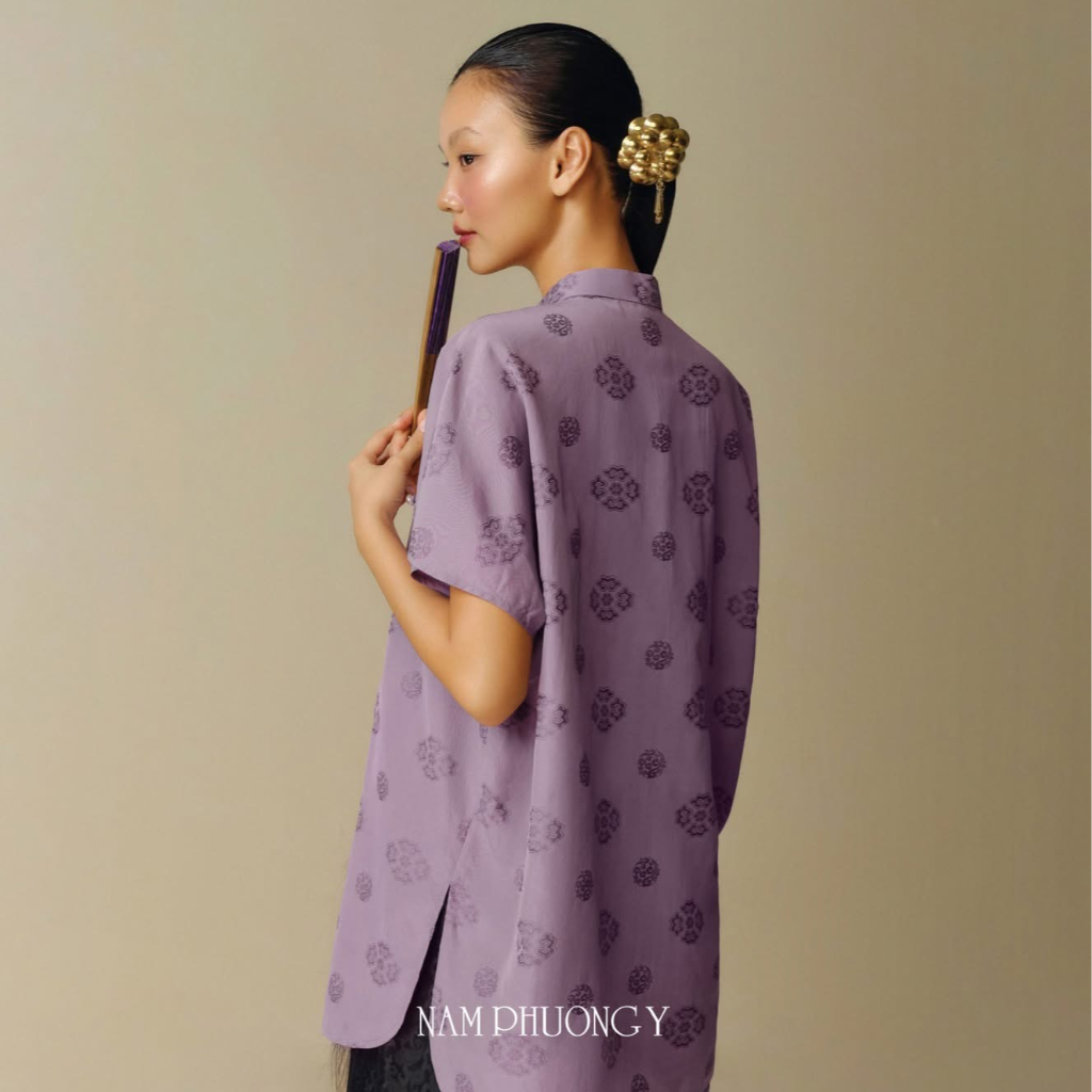 "Tu La - Premium Wormsilk Set in Imperial Lilac, modern Vietnamese dress in red silk jacquard by Nam Phuong Y"