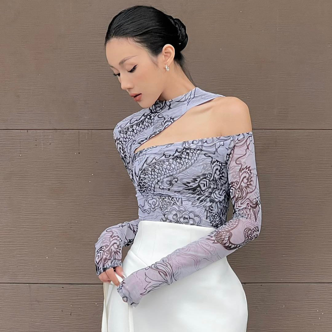 "Jia Chen Cut-out Tulle top in black with traditional patterns, modern design by Keira Tong."