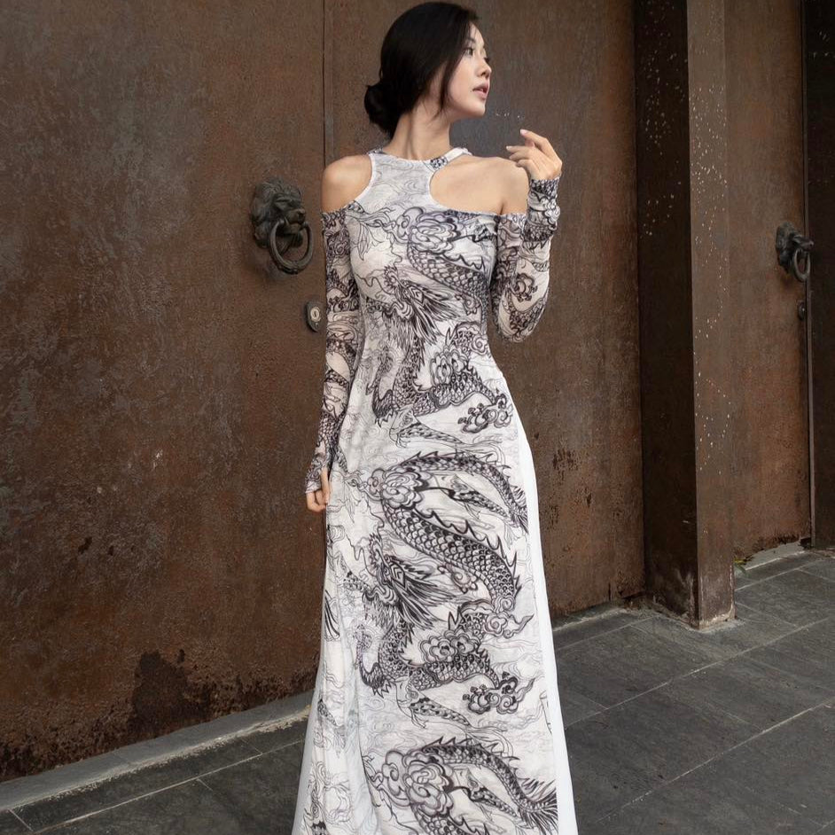 "Jia Chen Tulle Ao Dai Set in Black by Keira Tong, traditional Vietnamese dress with modern dragon pattern."