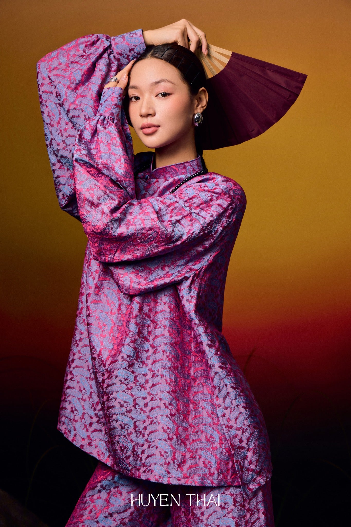 "KY Ao-Ngan Ao dai in violet pink silk, modern jacquard pattern, Vietnamese traditional dress by Huyen Thai Collection"