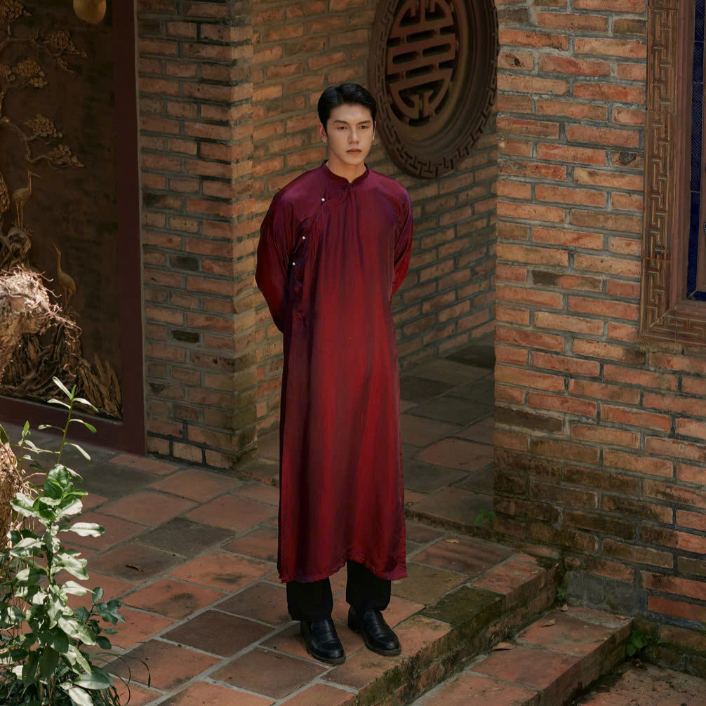 "Traditional Vietnamese Ao Dai for Men in wine red artisan silk, modern design"