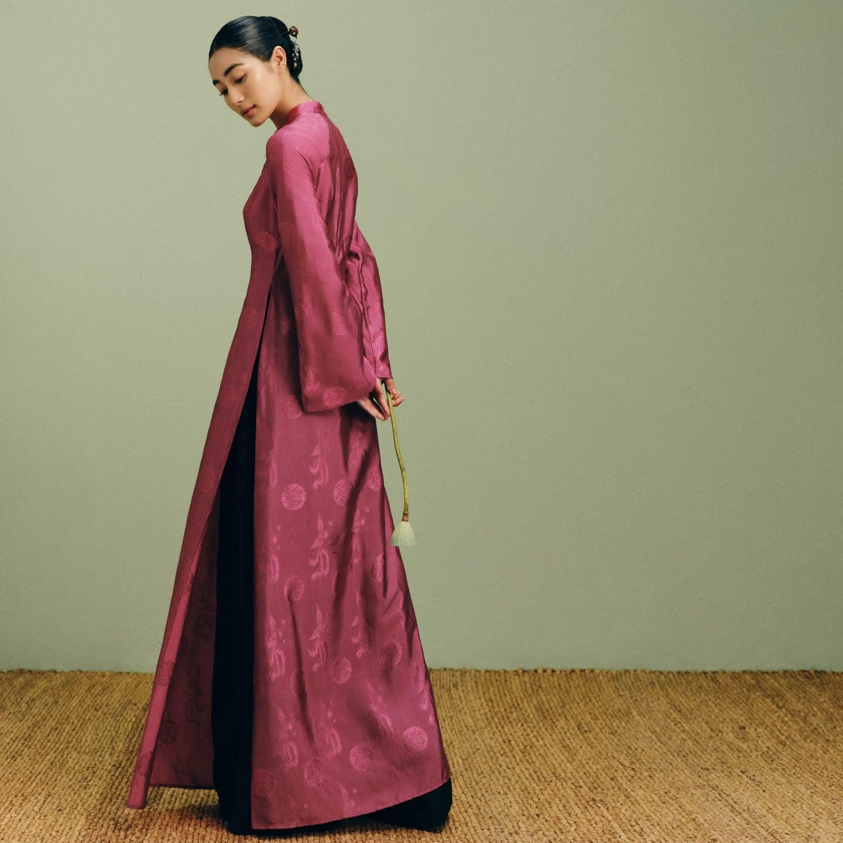 "Phuong Cac" Royal Jacquard Silk Áo Dài in Deep Dark Magenta, traditional Vietnamese dress by Nam Phuong Y.