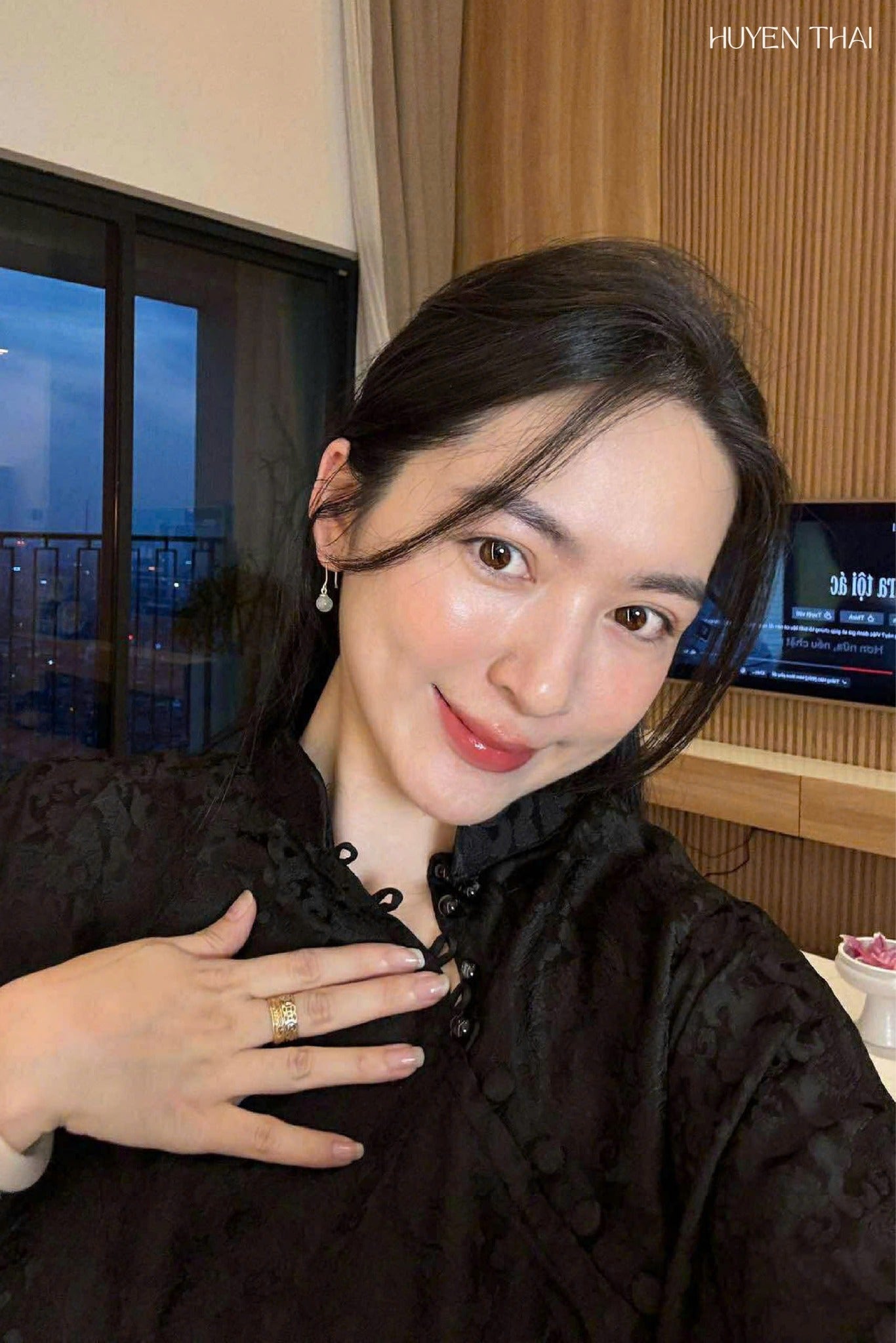 "KY Ao-Ngan black silk Ao dai by Huyen Collection, modern Vietnamese design"