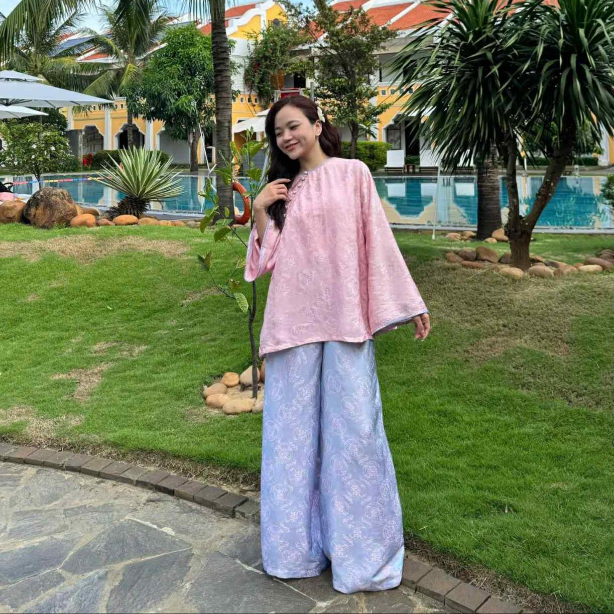 "KY" Ao-Ngan (Shorter version of Ao-dai) with Balloon Sleeve - Wormsilk in Pink - Modern Vietnamese Ao-Ngan by Huyen Thai Collection at L'Orient Haus contemporary boutique
