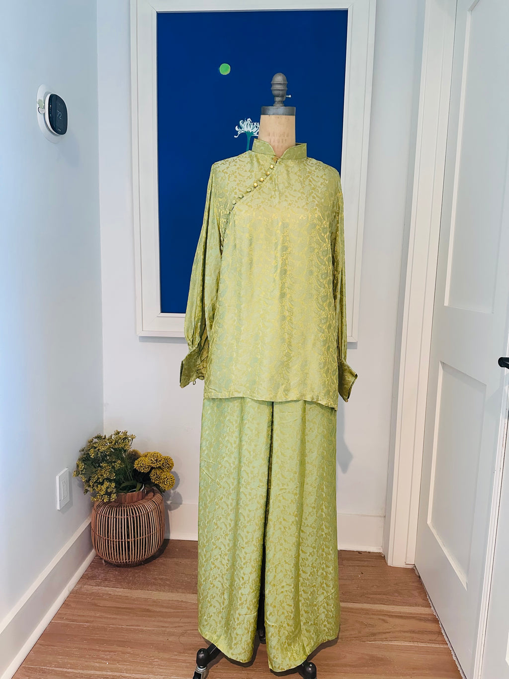 KY Ao-Ngan (Shorter version of Ao-dai) with Balloon Sleeve - Parrot Green - front view by Huyen Thai Collection