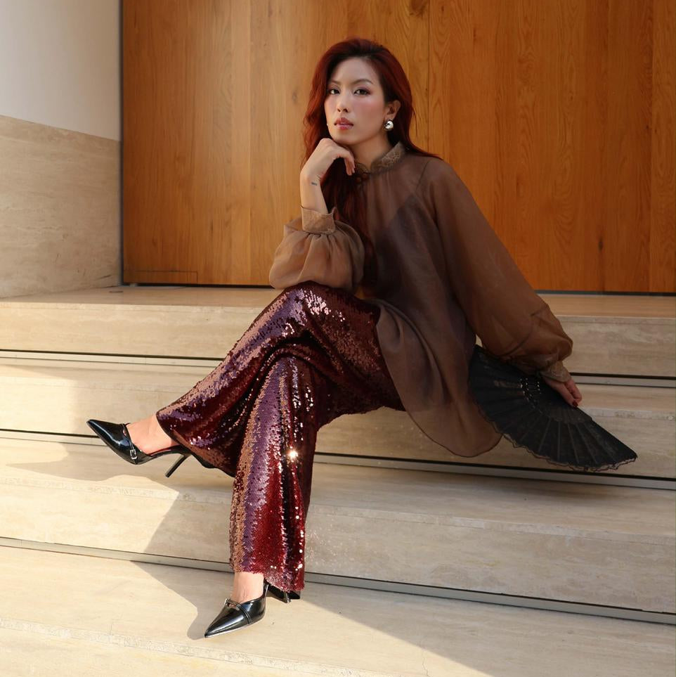 Amber Veil Ensemble – Sheer Organza Top & Sequin Trousers - styled presentation in silk in brown by Hy Phuong