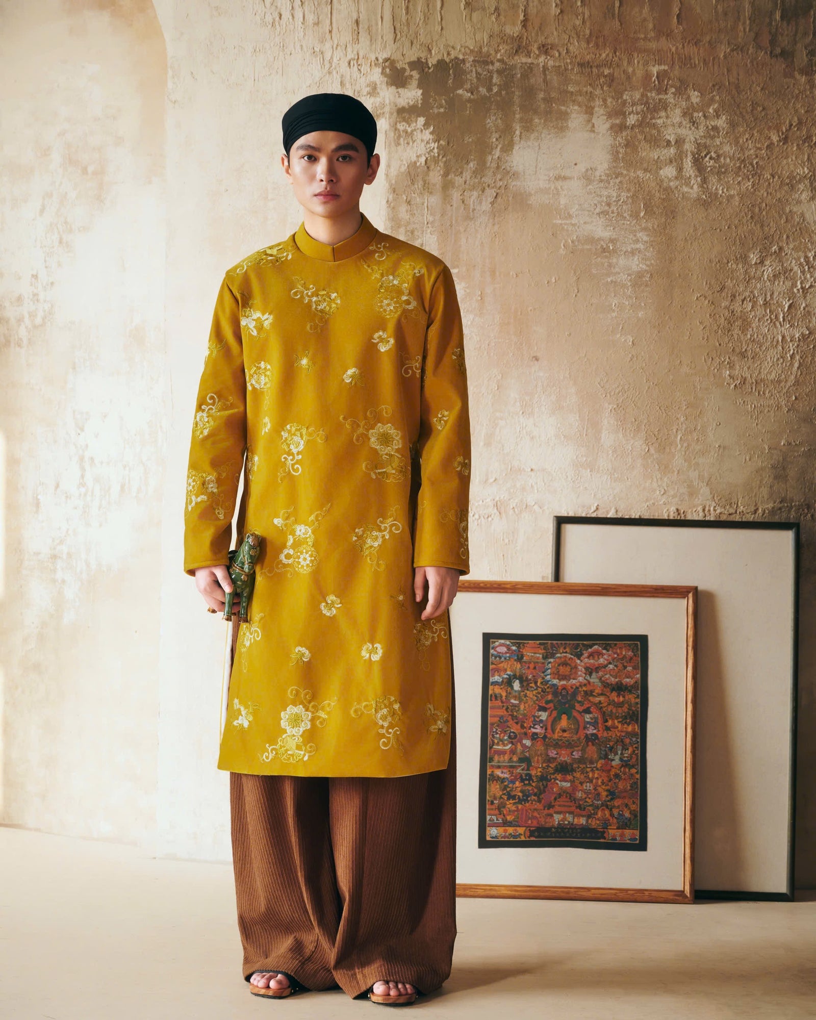 Vietnamese Embroidery - Tùng Men's Ao-dai Pants – Corduroy - front view in silk in mustard by Maison LONG