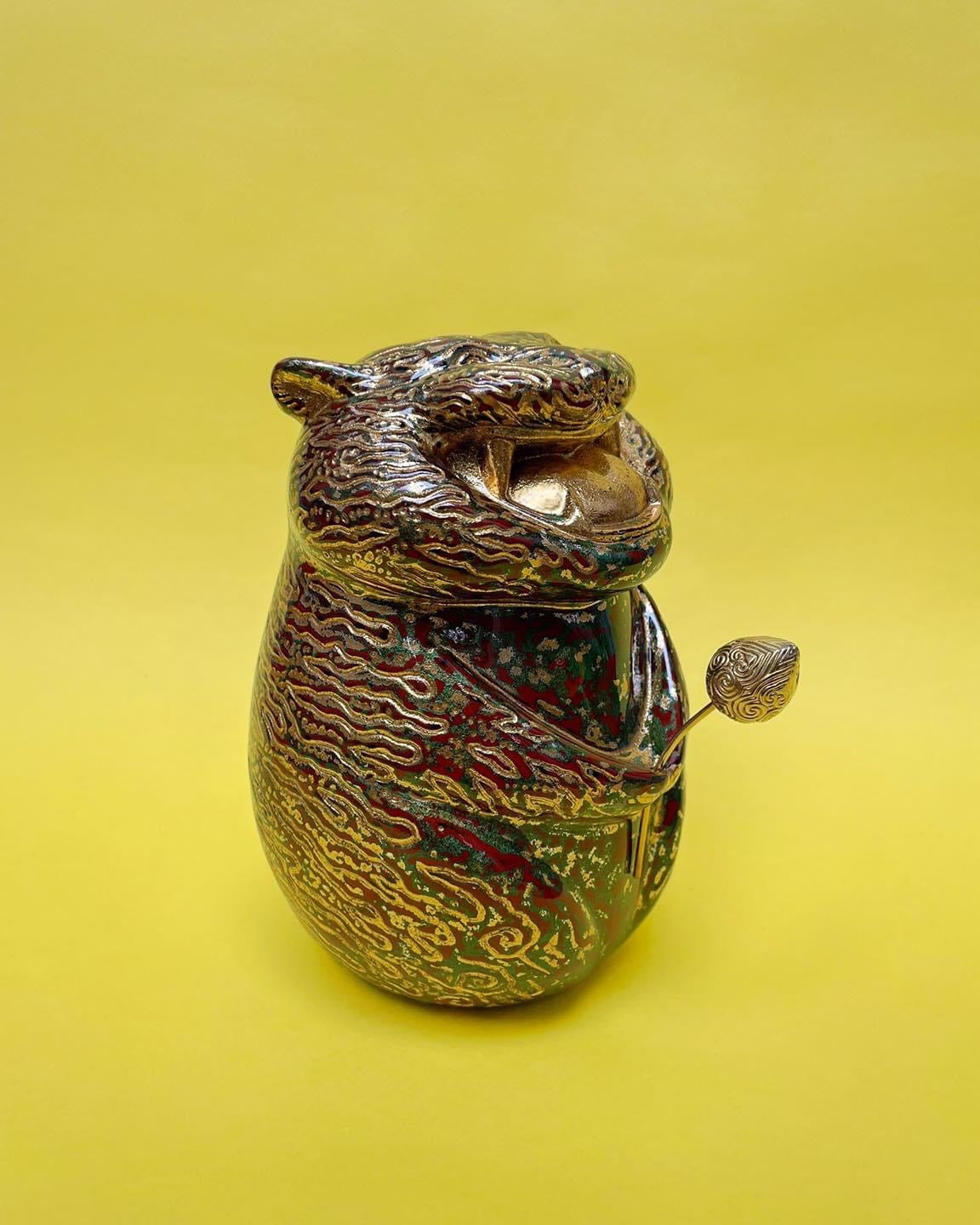Vietnamese Lacquer - Smiling Tiger - Fengshui Premium Lacquer - front view in green by Lam Phong Pottery