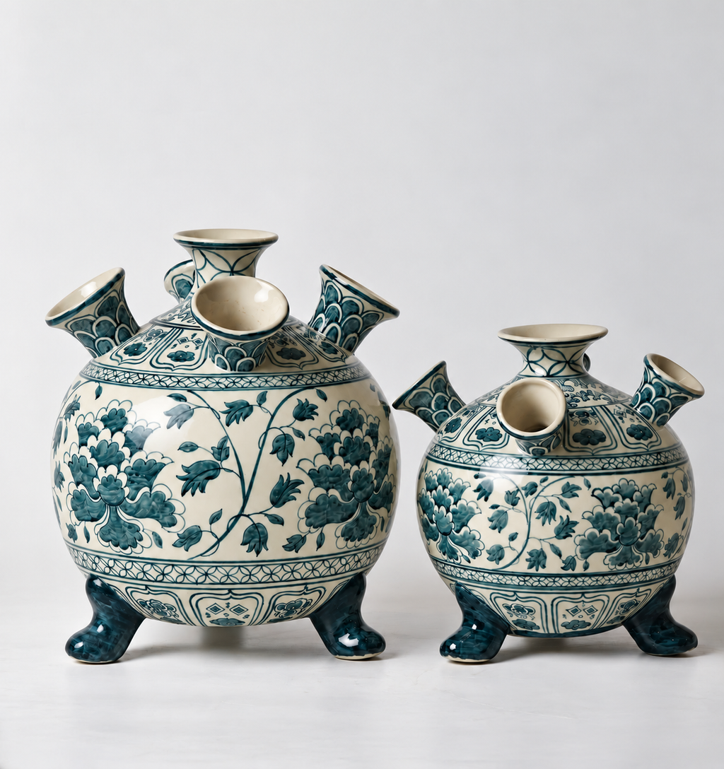 Bat Trang ceramics - 5-bulb Tulipiere Vase in Green and Off-White