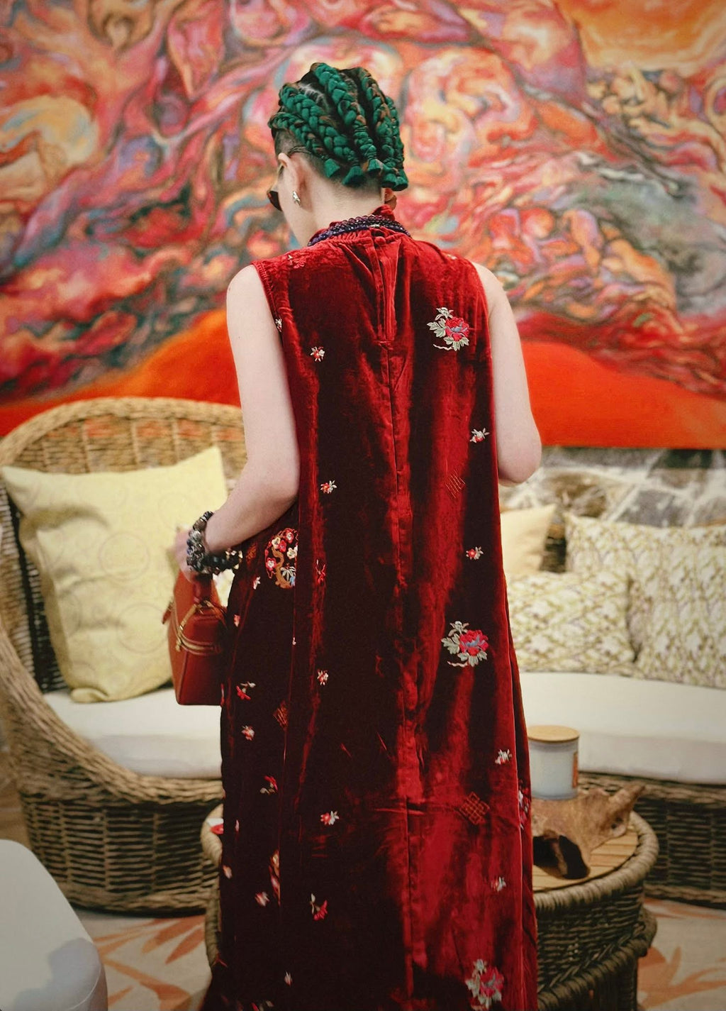 Vietnamese Embroidery - Embroidered Fortune – Velvet Dress in Deep Crimson - back view in red by Natasa