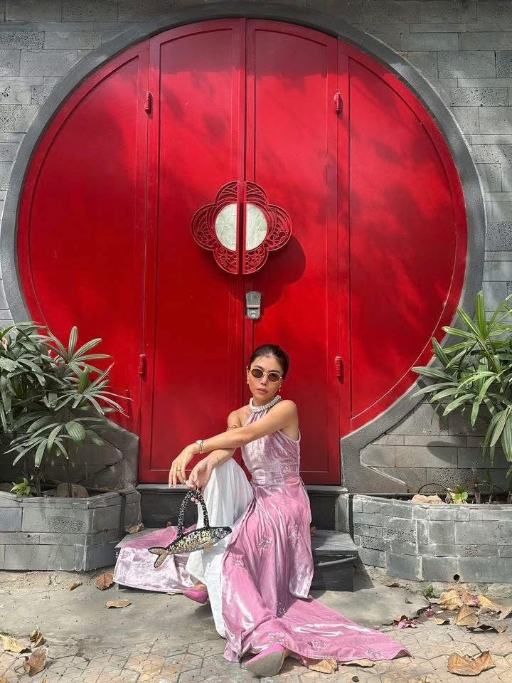 Moon Blush Ao Dài Set - Halter Neck with pearl embellishments and embroidery - styled presentation by Saang