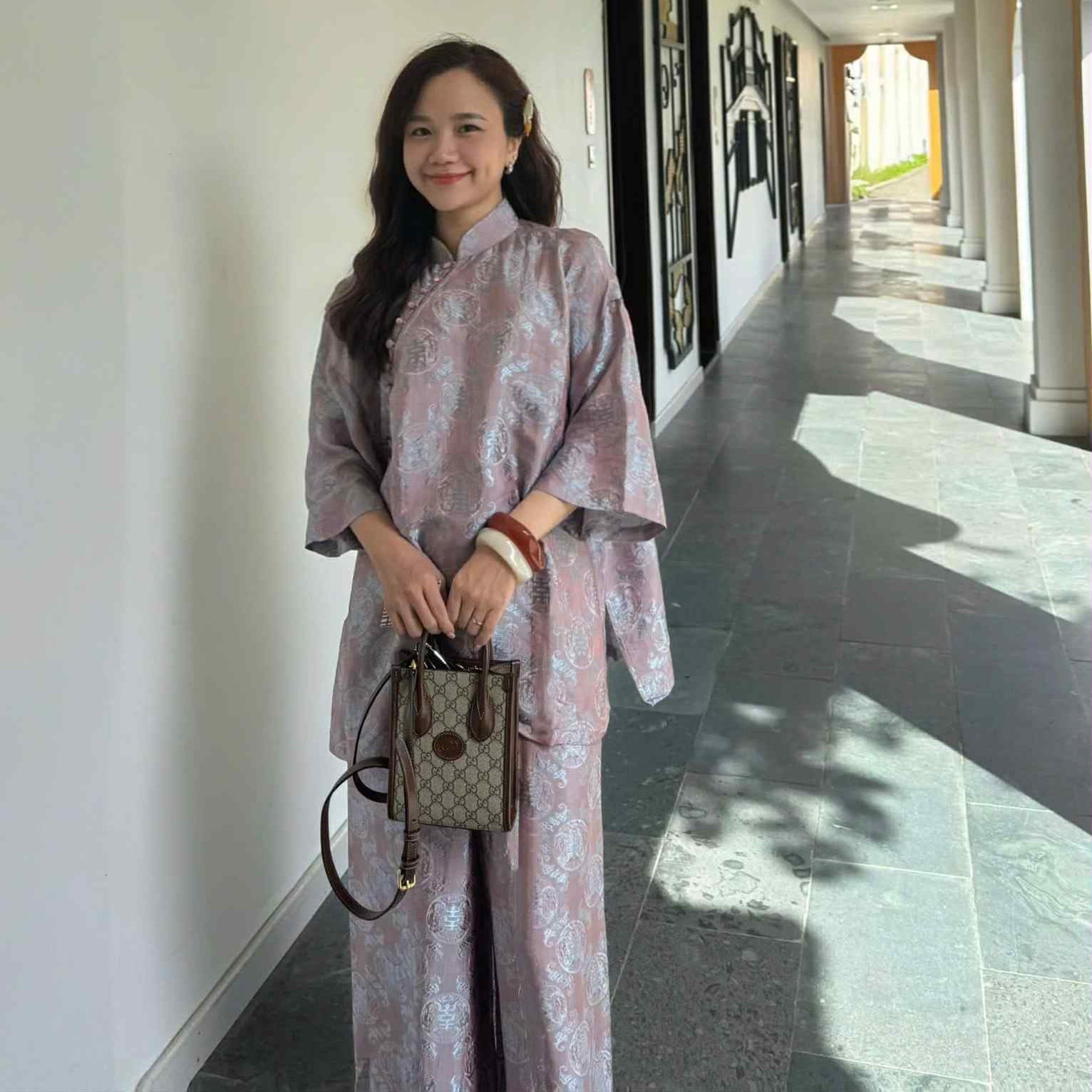 KY Ao-Ngan (Shorter version of Ao-dai) with Flare Sleeve - Wormsilk in Mauve Dust - front view by Huyen Thai Collection