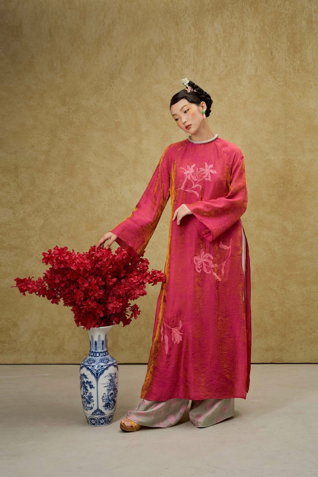 Vietnamese Ao Dai - Luu Ly Ao Dai Set - Hangzhou Tencel Silk with Embroidery in Orange Red - front view in pink by SY Design