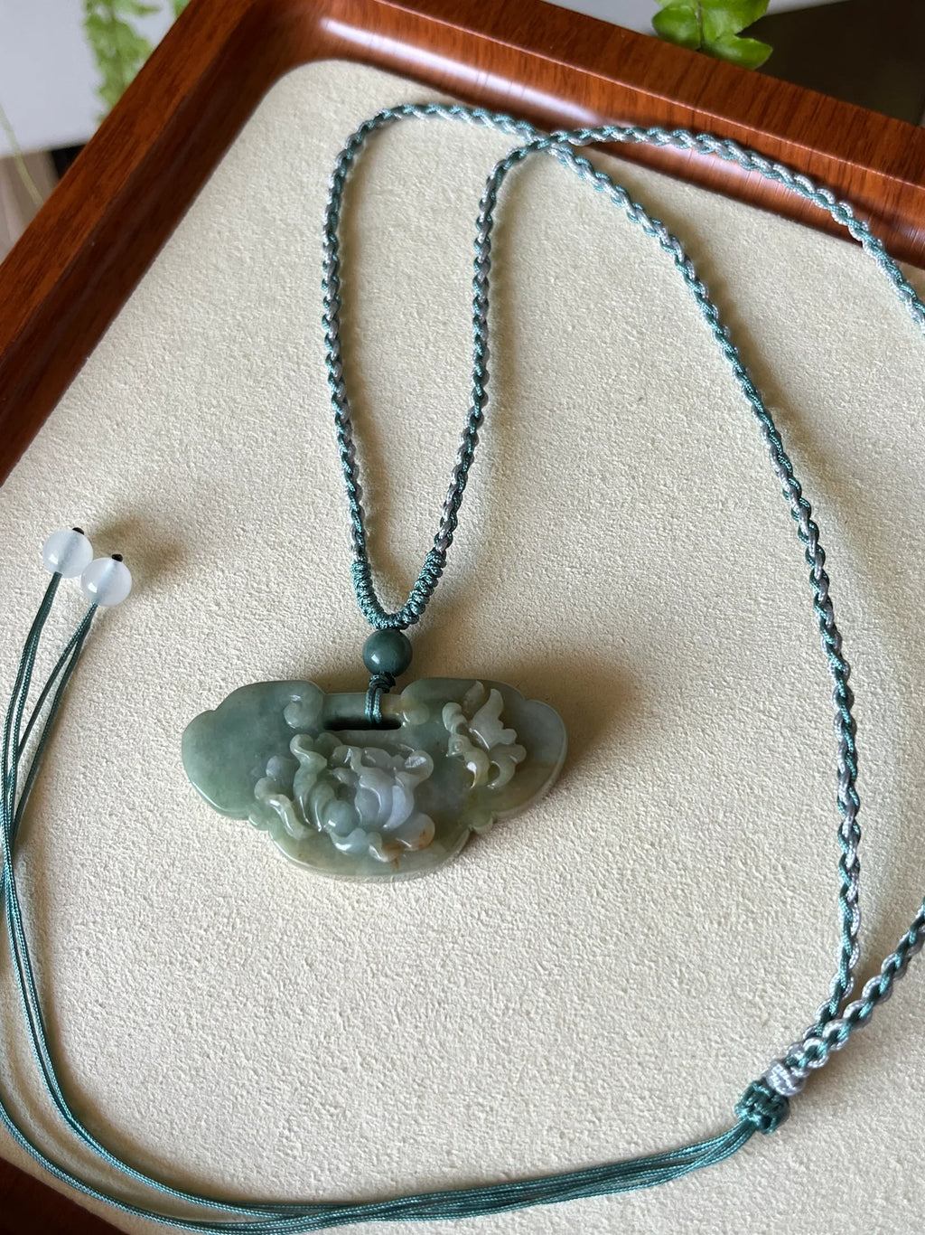“Heirloom Wish” - Necklace Crafted from a Hand Carved Jadeite Peony Flower Ruyi Pendant - flat lay display by L'Orient Haus