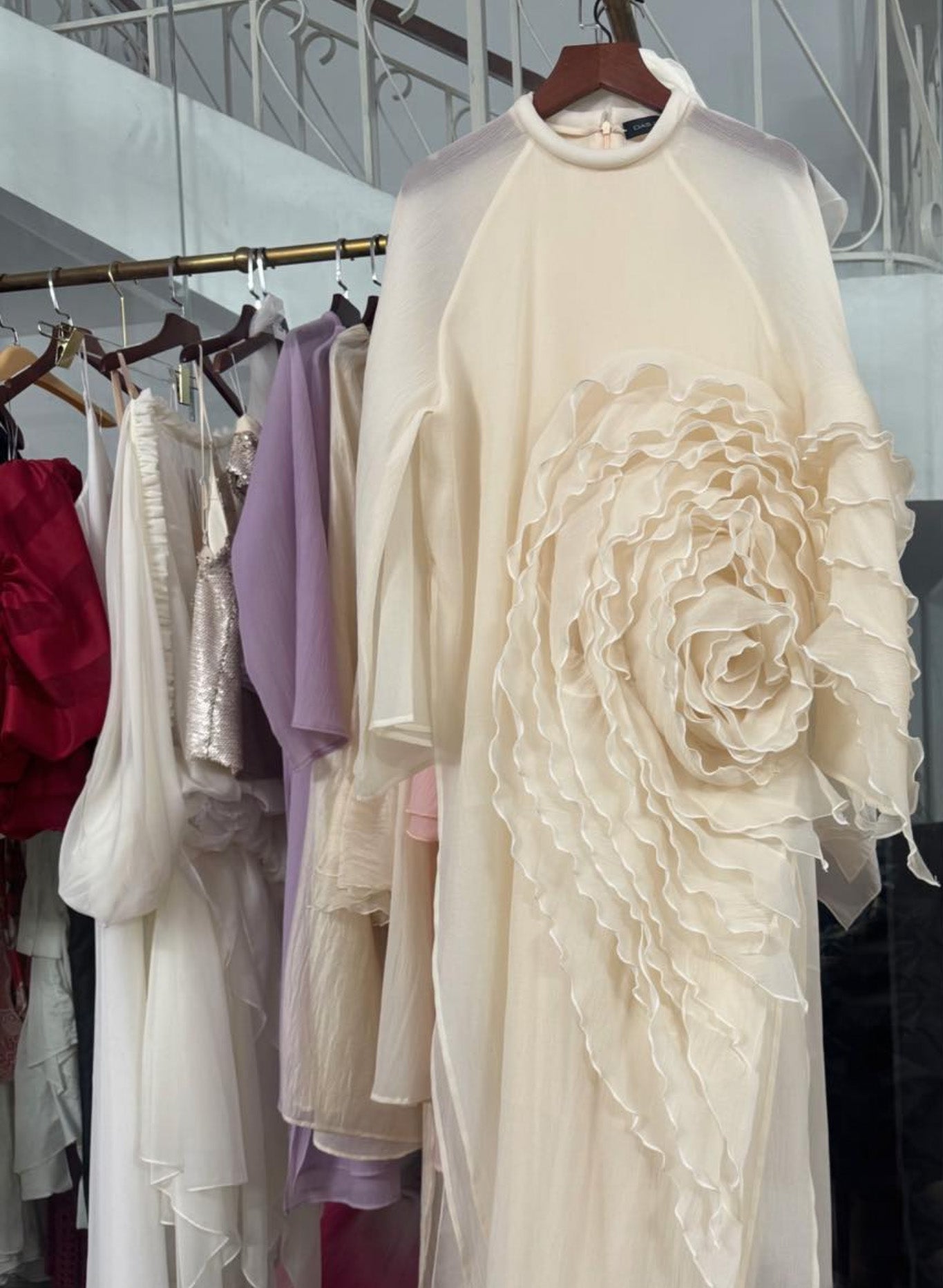 "Golden Splendor" Ao Dai by Das Levine, red and gold silk with modern floral pattern, traditional Vietnamese dress.