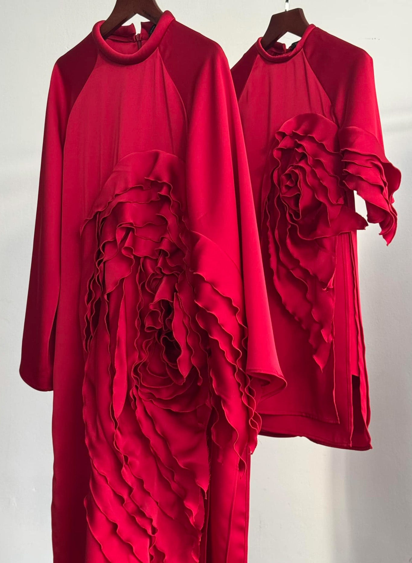 "Crimson Bloom - Limited Edition Silk Ao Dai Set by Das Levine, red with modern floral design, traditional Vietnamese dress."