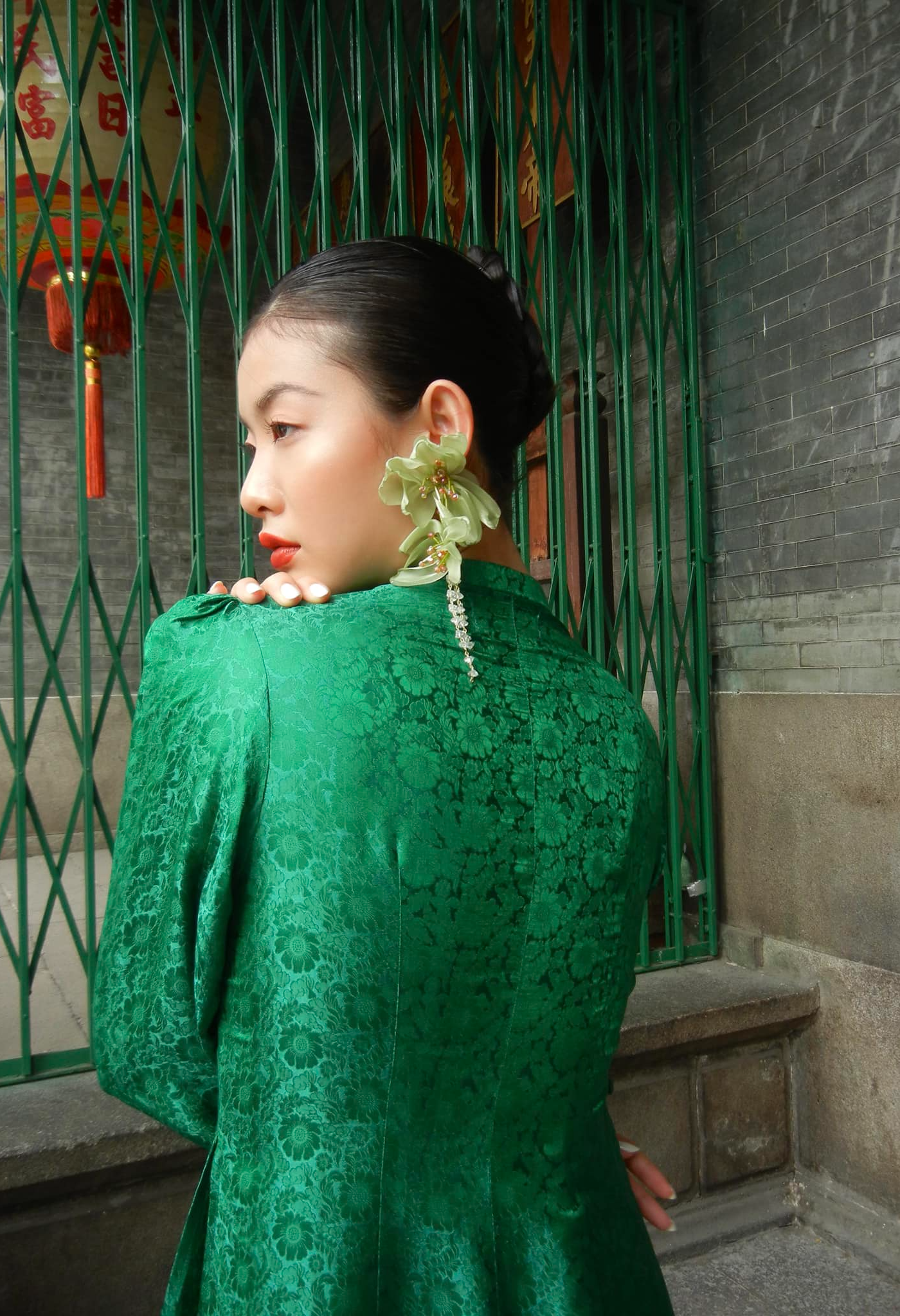 "Green Tang Bong Ao Dai Set in 100% silk with floral jacquard, traditional Vietnamese dress by SY Design."