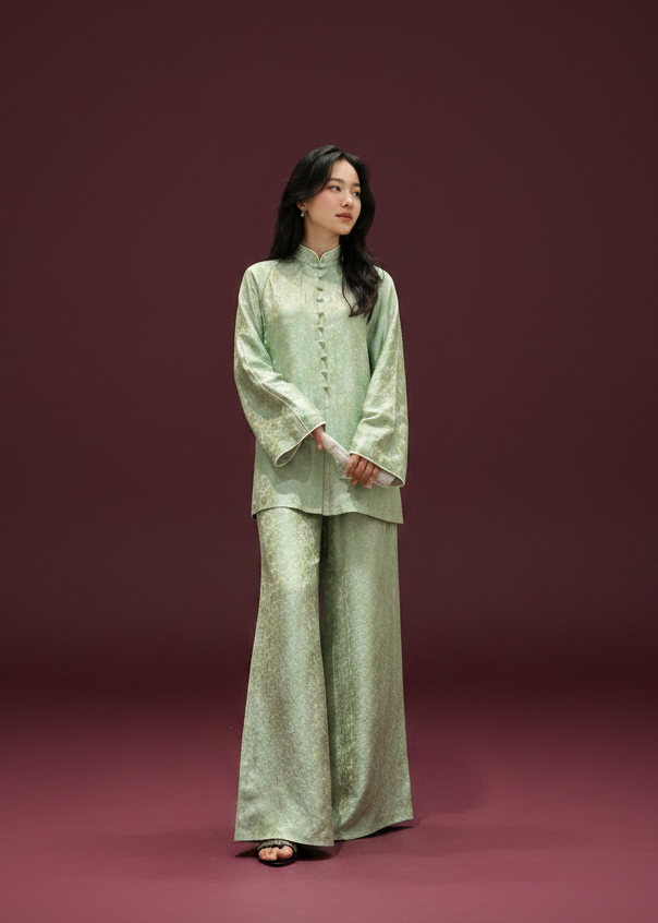 “Celadon Whisper” Set – Hand-beaded Modern Ba Ba Set in Wormsilk