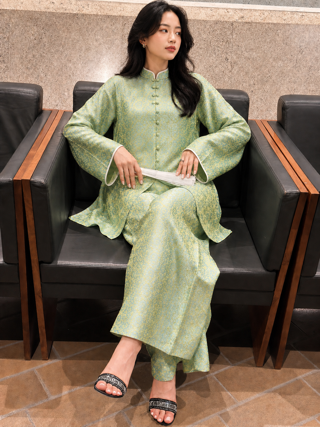“Celadon Whisper” Set – Hand-beaded Modern Ba Ba Set in Wormsilk