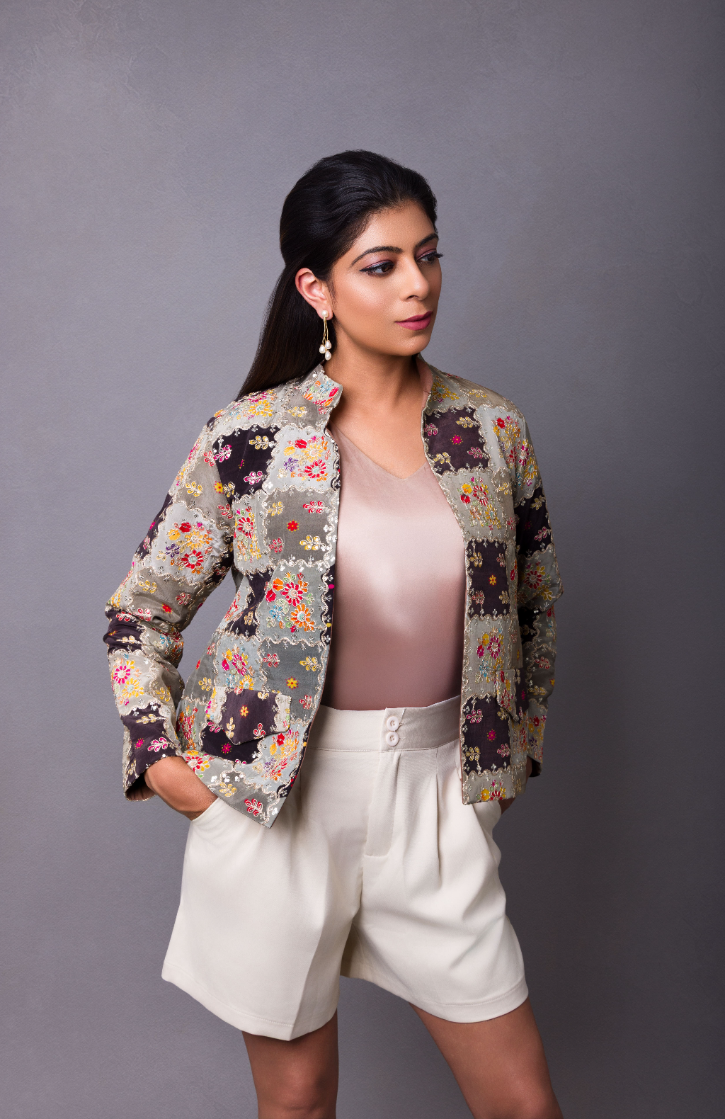 Vasanta - Heritage Patchwork Silk Jacket in Garden Neutral - three-quarter angle by Indian Heritage