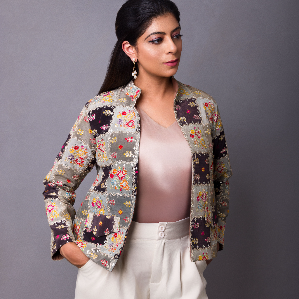 Vasanta - Heritage Patchwork Silk Jacket in Garden Neutral - side profile by Indian Heritage