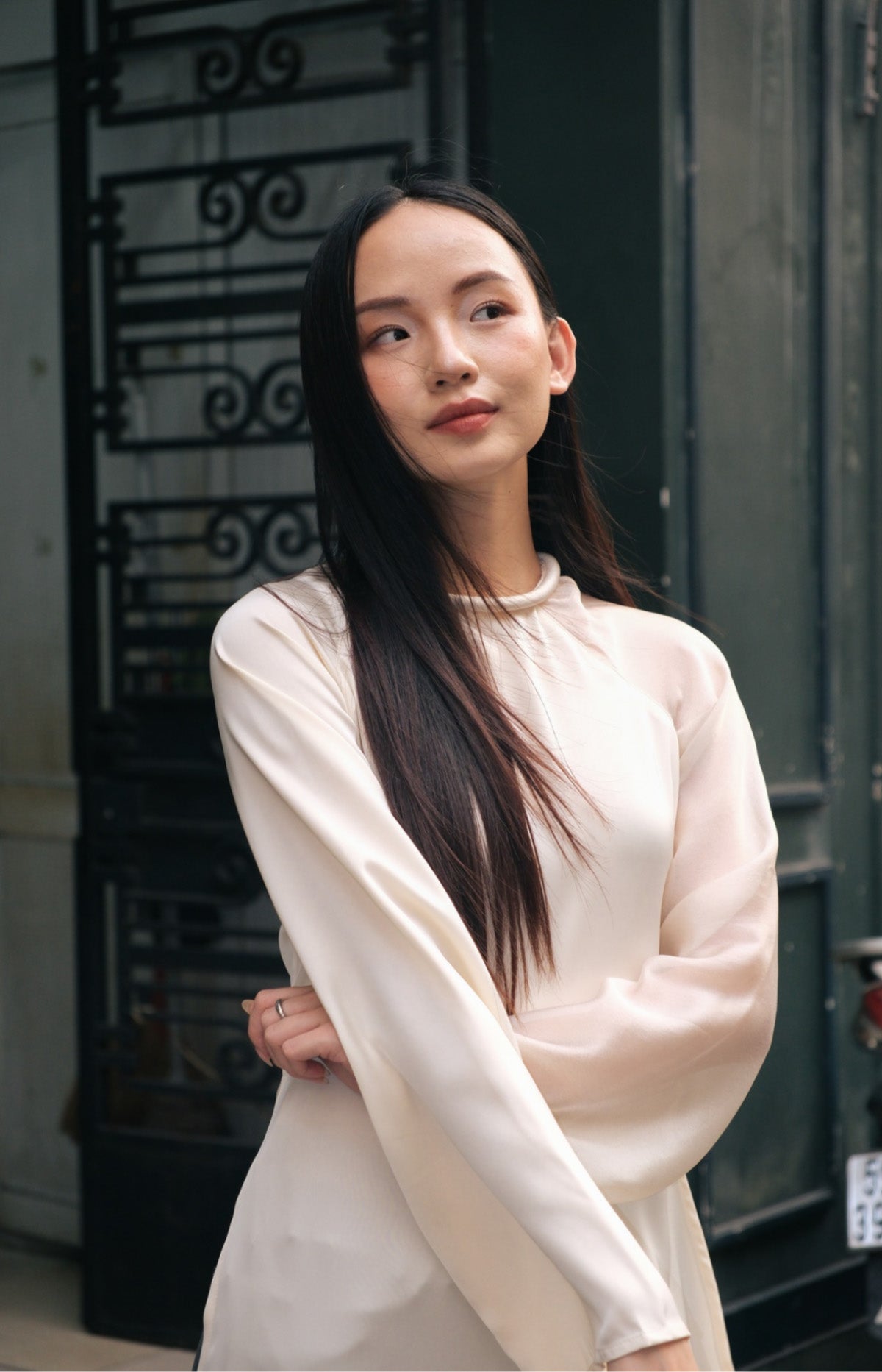 Tinh Hop - Asymmetric Ao Dai Set in Silk & Oganza - front view in beige by UoM