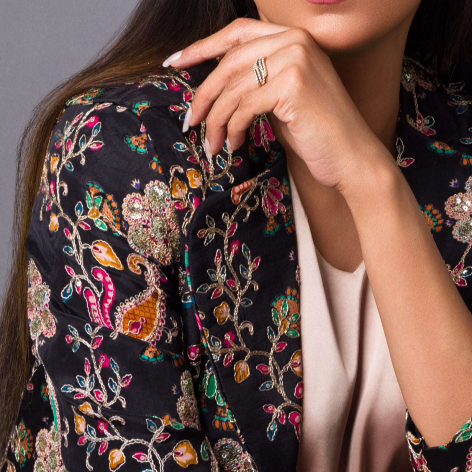 Vietnamese Embroidery - Chandni - Heritage Floral Silk Jacket in Midnight Black - detail close-up in black by Indian Heritage