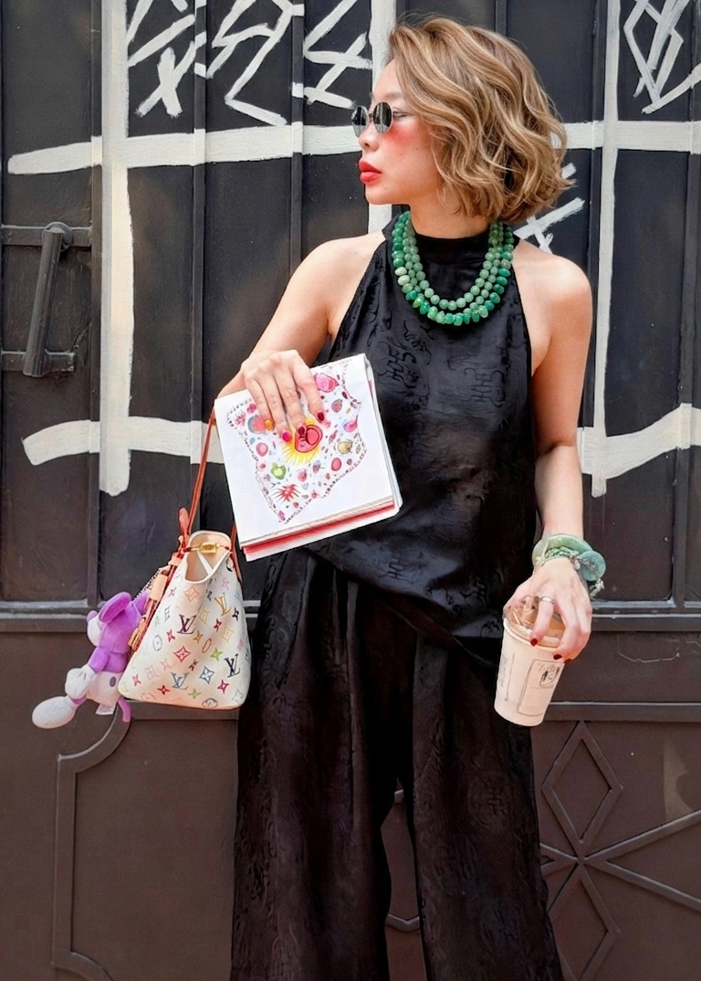 “Noir Ease” – Wormsilk Halter Top & Balloon Trouser Set - front view in black by Natasa