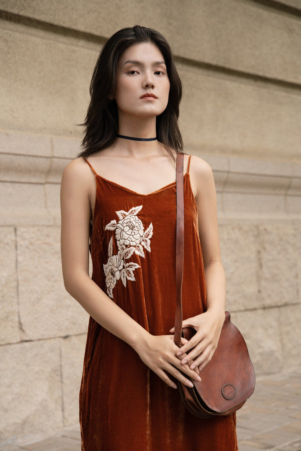 "Rumi embroidered suede tank-top dress in orange with white floral pattern by Huulala"
