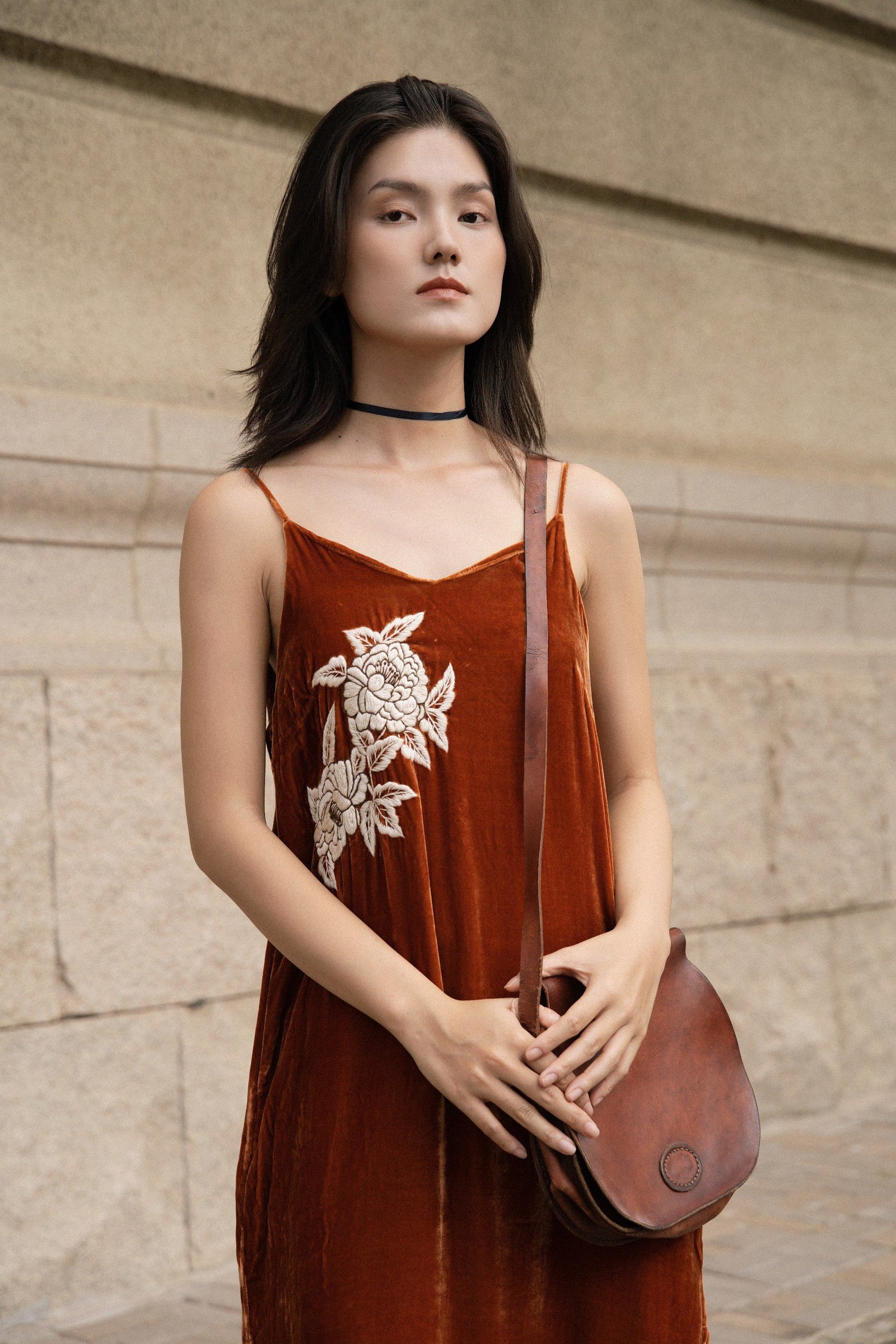 Vietnamese Embroidery - Rumi - Embroidered Suede Tank-top Dress - front view in velvet in rust by Huulala