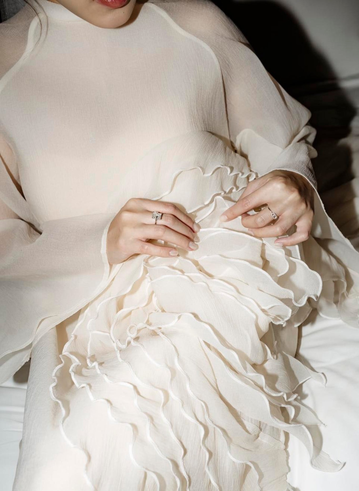 Golden Splendor - Limited Edition Chiffon Silk Ao Dai Set - detail close-up in ivory by Das Levine