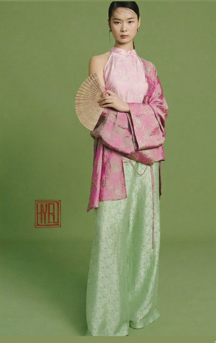 Vietnamese Ao Dai - Tịch Niên Silk Halter Ensemble – Wormsilk in Moss & Rosy Gold - front view in pink by Hy Phuong