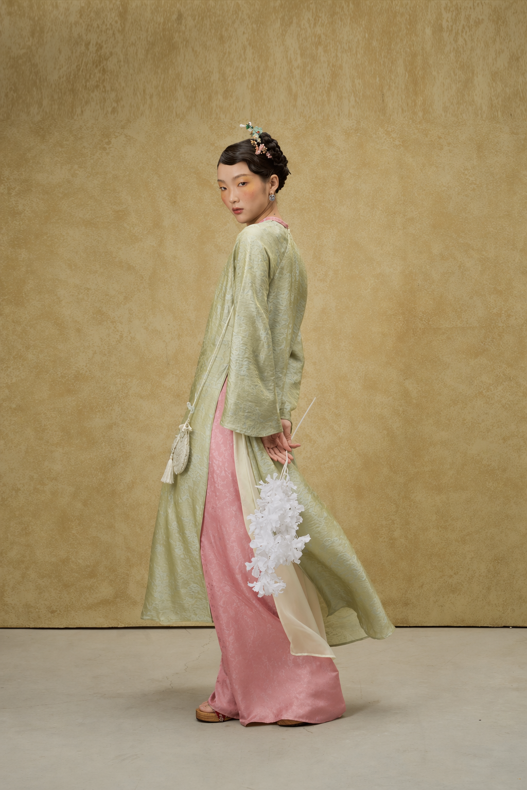 Luu Ly Ao Dai Set - Hangzhou Tencel Silk with Embroidery in Celadon Mist - side profile by SY Design