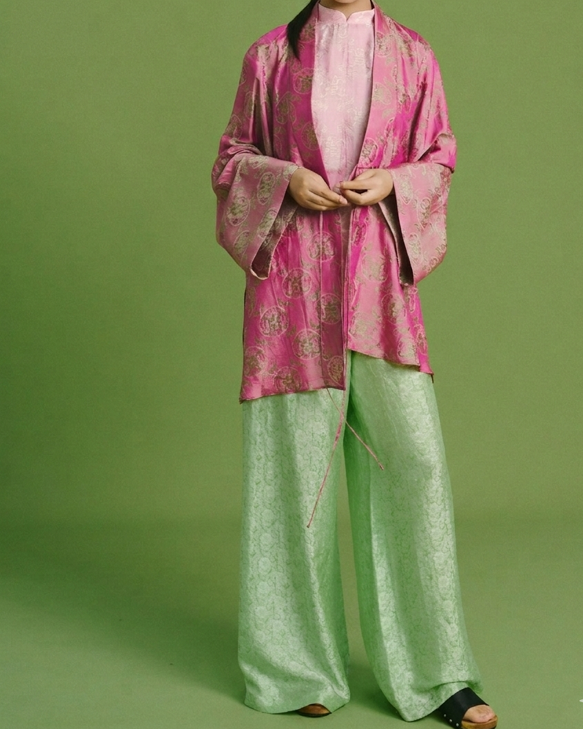 Vietnamese Ao Dai - Tịch Niên Silk Halter Ensemble – Wormsilk in Moss & Rosy Gold - front view in pink by Hy Phuong