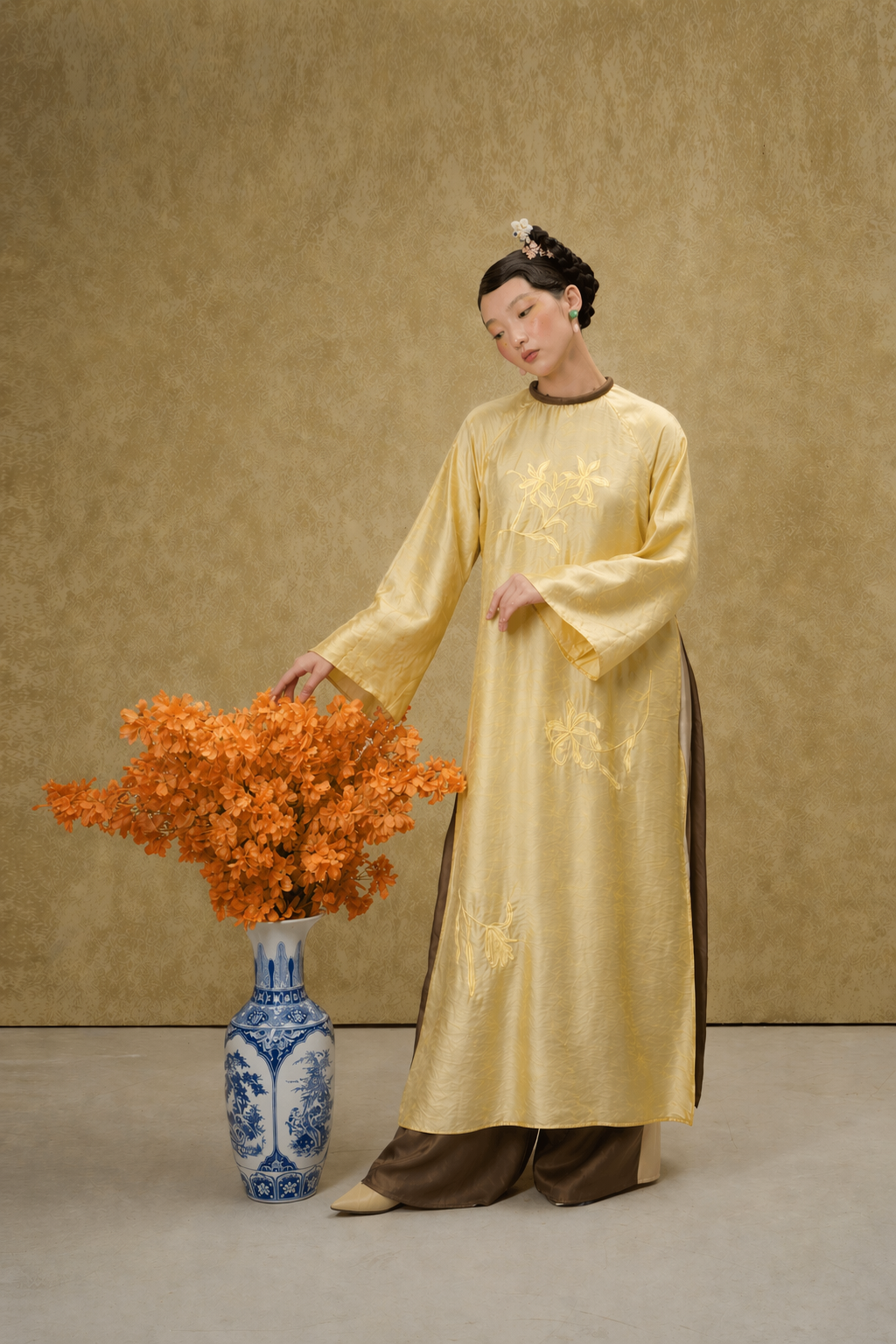 Luu Ly Ao Dai Set - Hangzhou Tencel Silk with Embroidery in Golden Willow - front view by SY Design