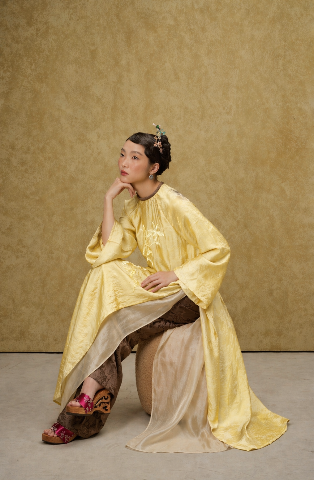 Luu Ly Ao Dai Set - Hangzhou Tencel Silk with Embroidery in Golden Willow - styled presentation by SY Design