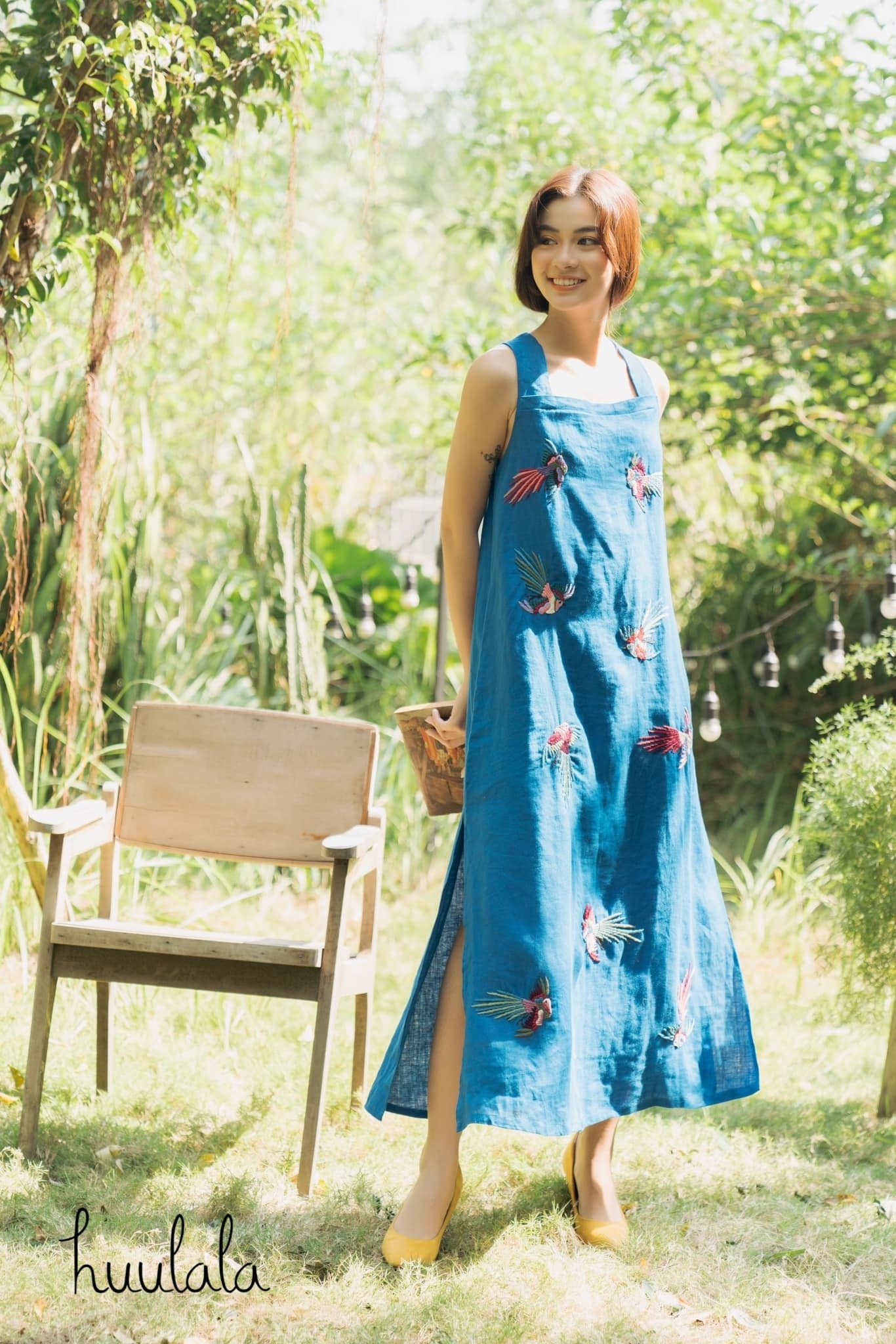 “Indigo” Embroidered Linen Dress in Blue