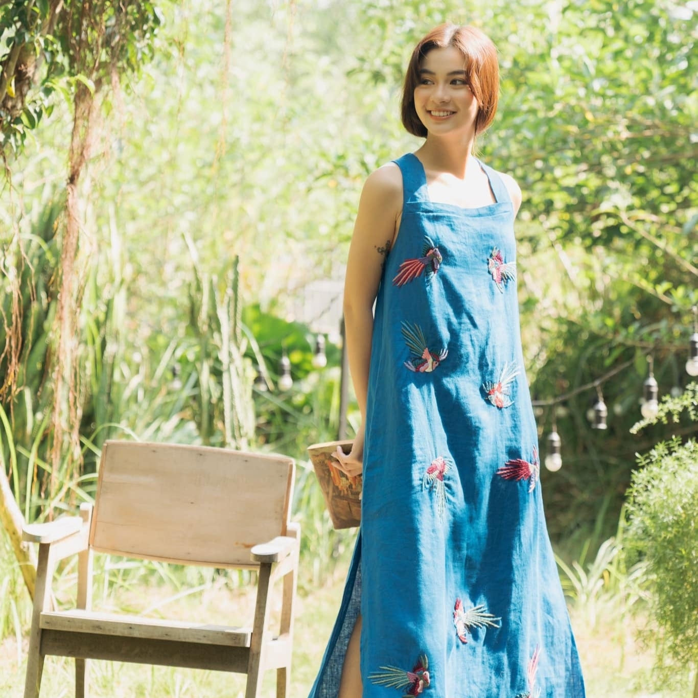 “Indigo” Embroidered Linen Dress in Blue by Huulala - front view showcasing Vietnamese embroidered linen craftsmanship, premium Vietnamese embroidered linen clothing