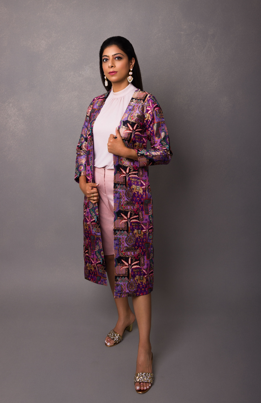 Traditional Motif - Ratna - Royal Brocade Silk Coat in Amethyst - front view in purple by Indian Heritage