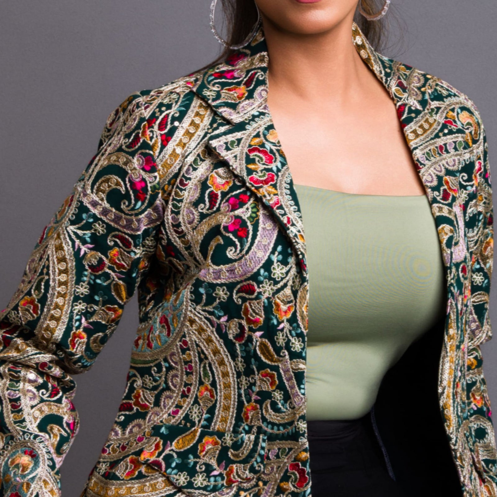 Avani - Heritage Paisley Silk Jacket in Earth Sage - front view by Indian Heritage