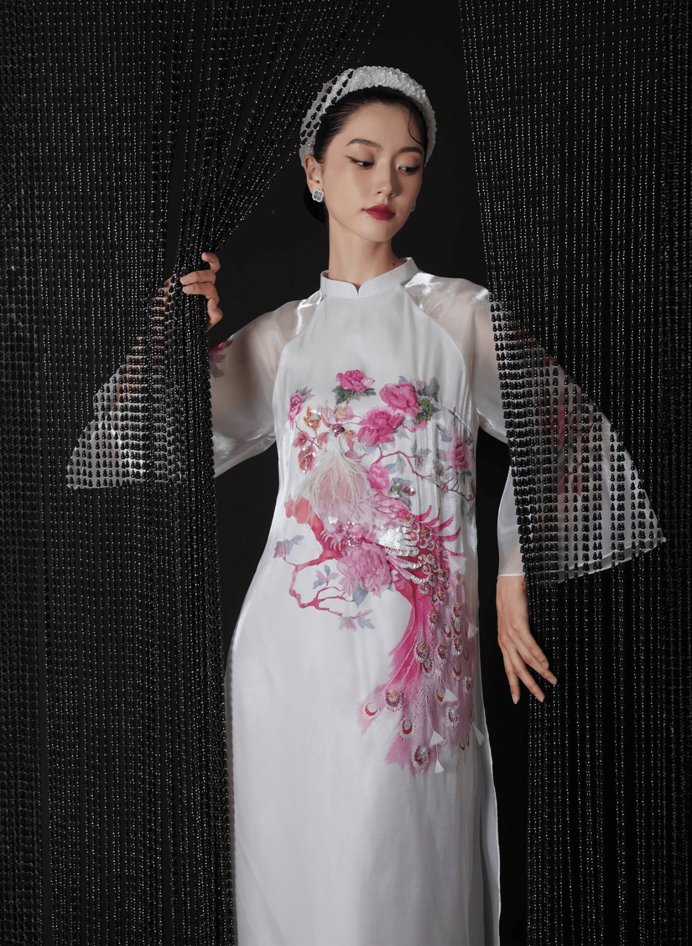 "Luxury white Ao Dai with red embroidery, traditional Vietnamese silk dress by Lalin"