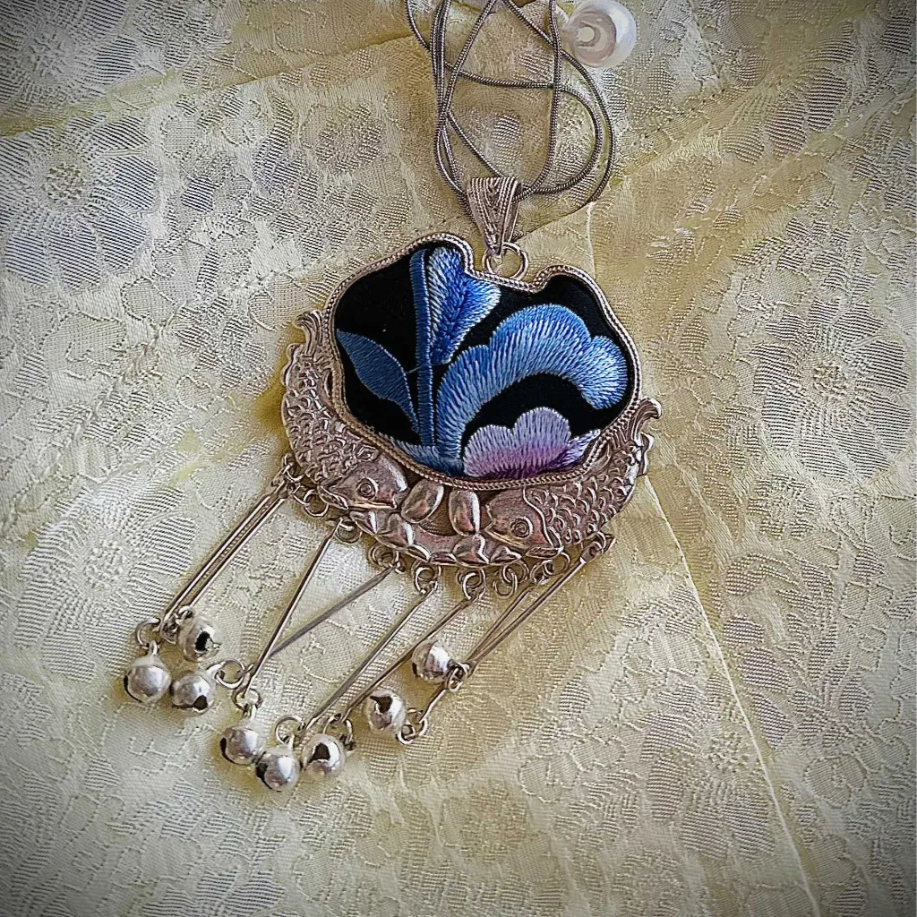 Grace Miao silver necklace pendant with hand-embroidery detail