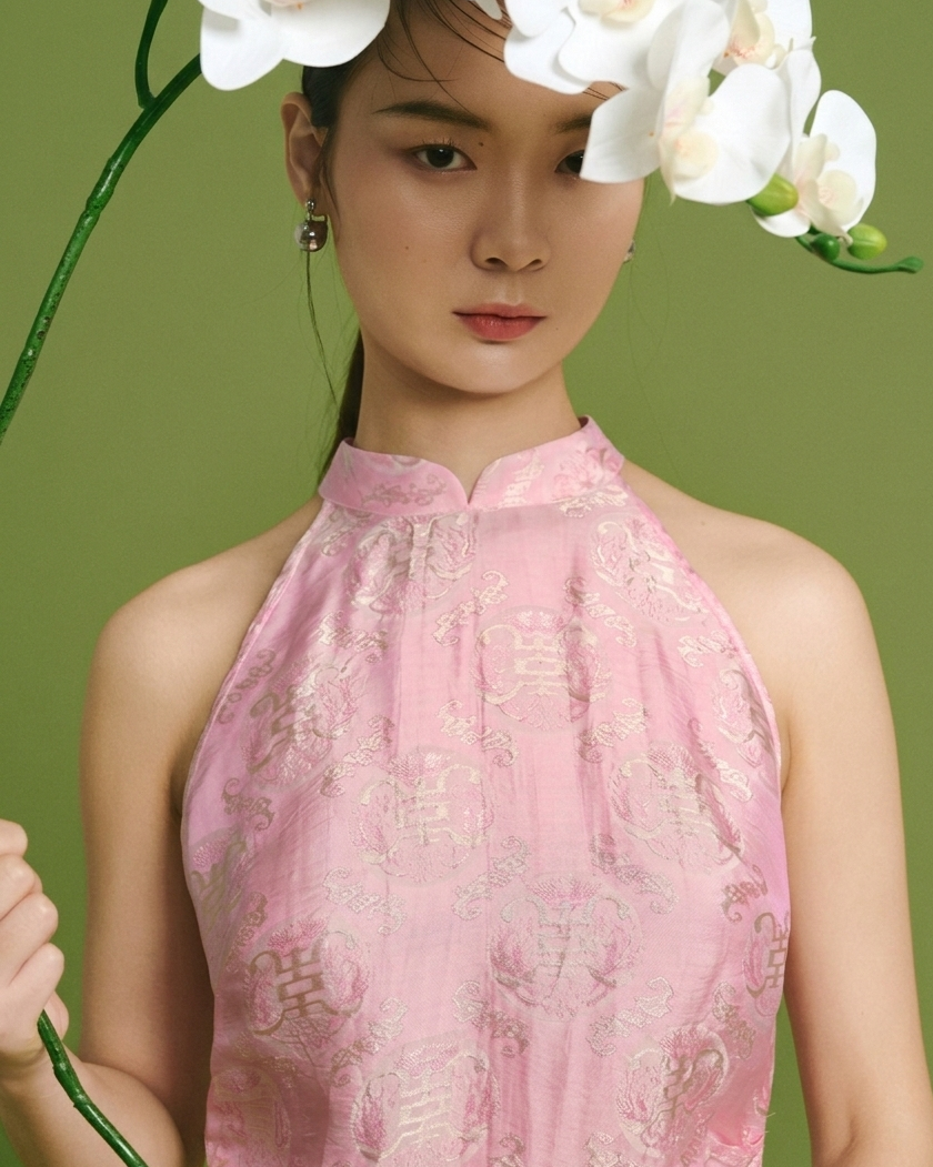Vietnamese Ao Dai - Tịch Niên Silk Halter Ensemble – Wormsilk in Moss & Rosy Gold - front view in pink by Hy Phuong