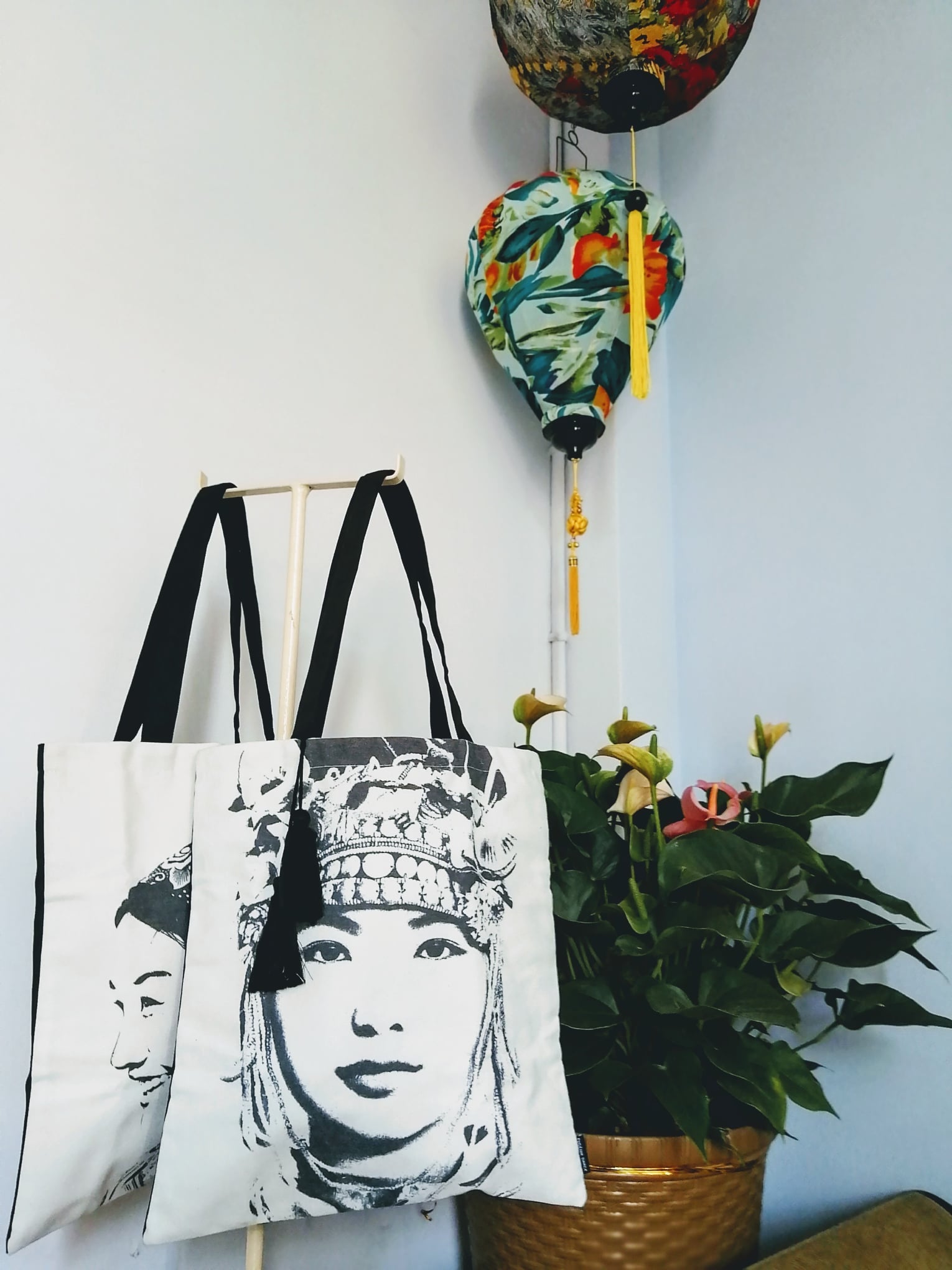 Vietnamese Embroidery - “People of the Orient Tote - Miss Xuan (Green) - styled presentation in cotton in white by Bat-trang