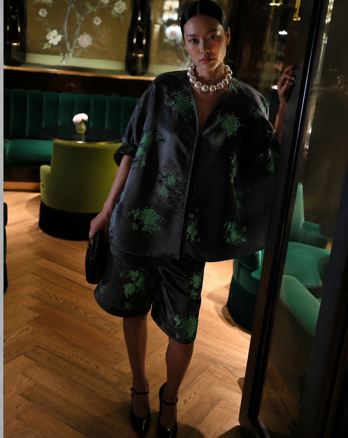 Vietnamese Embroidery - Rita Short Modernized Bà Ba Set - Brocade Silk - front view in black by H2B a la Mode