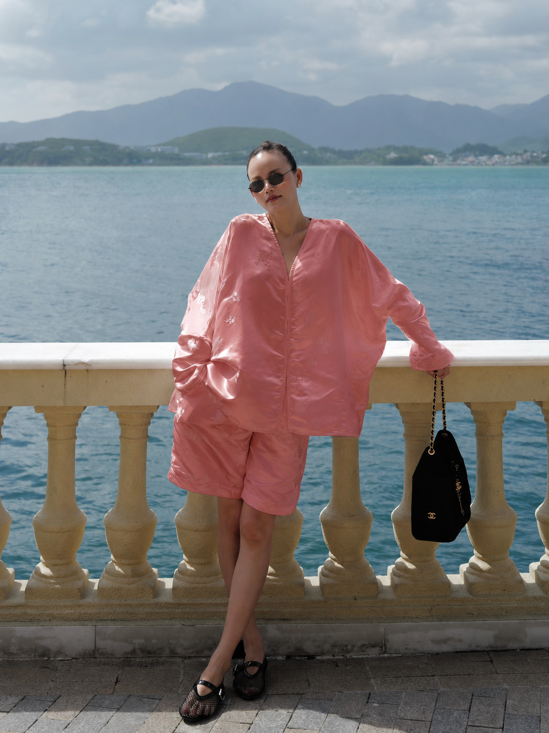 Vietnamese Embroidery - Rita Short Modernized Bà Ba Set - Brocade Silk in Light Pink - front view in pink by H2B a la Mode