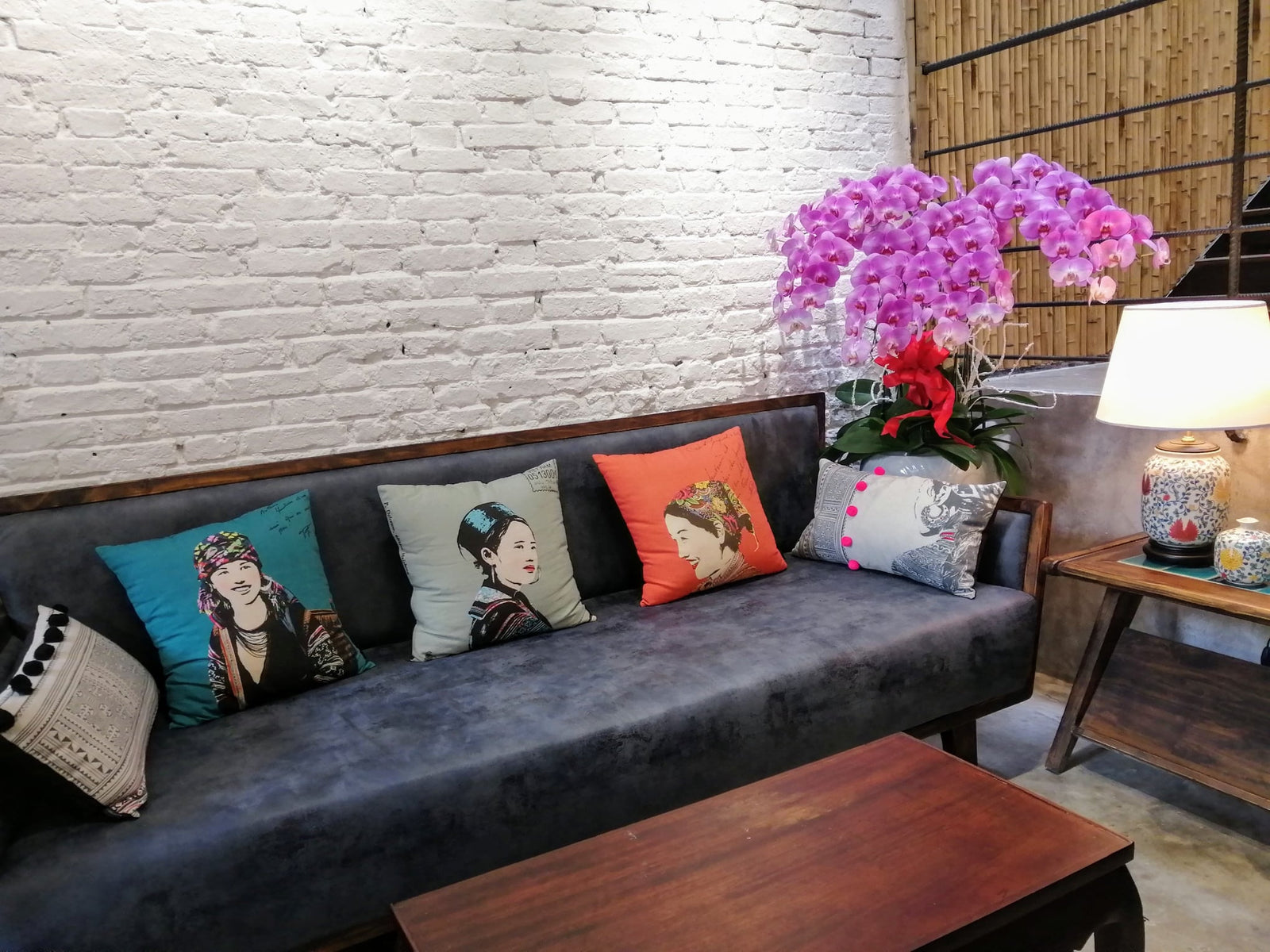 Heritage Portrait Cushion Covers – 45x45 cm - Miss Hoan (Salmon) - styled presentation in gray by Bat-trang