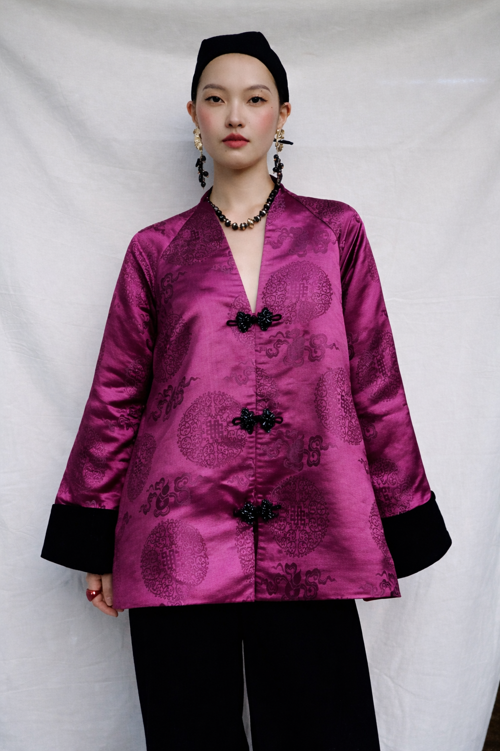 Traditional Motif - “Brocade Poise” Top - Premium Brocade in Silky Magenta - front view in fuchsia by Bonjour
