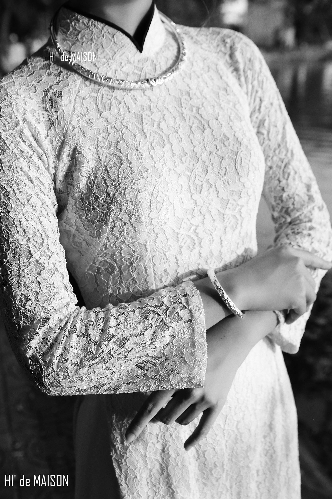 Vietnamese Ao Dai - Linh Văn – Hollow Bangle in Lotus or Dragon Pattern - detail close-up in lace in white by HI de Maison